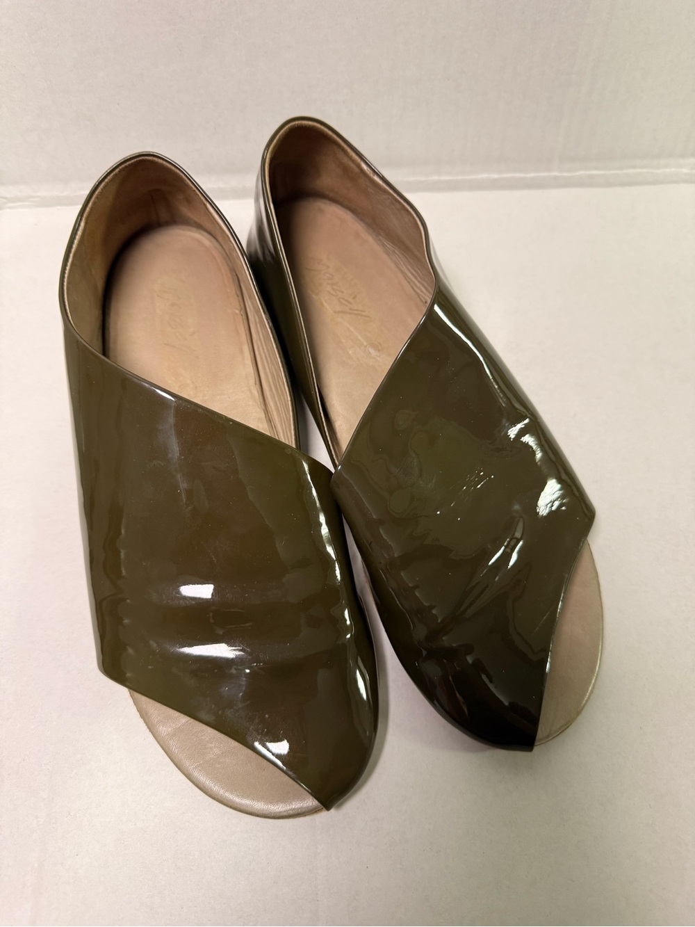 Marsell Olive Green Patent Leather Open-Toe Mules made in Italy